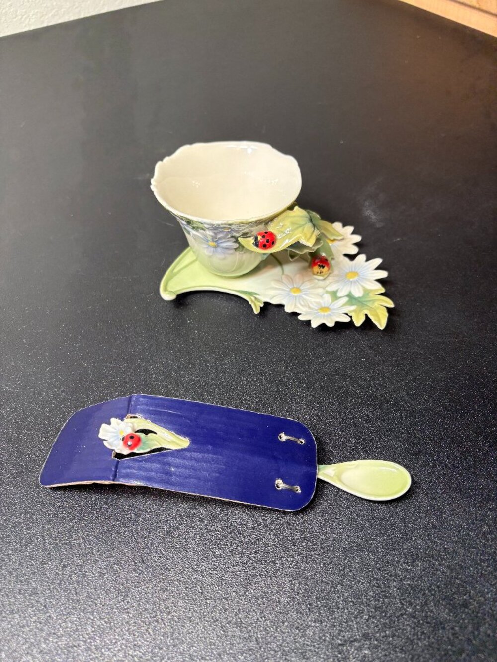 FRANZ Lady Bug Tea Cup, Saucer and Spoon signed by James Tsai
